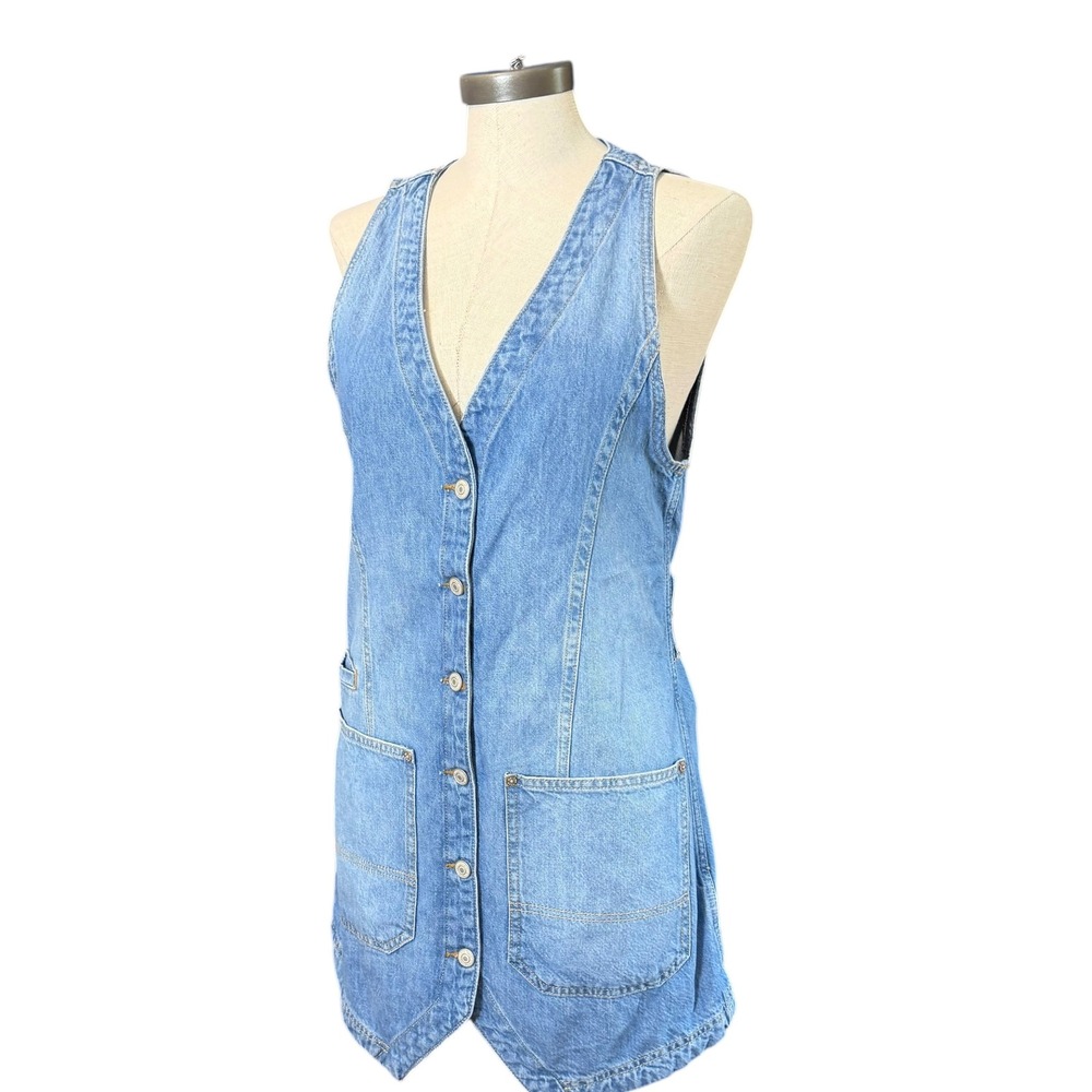 We The Free Free People Light Wash Denim Button Front Vest Mini Dress Medium - Picture 5 of 10